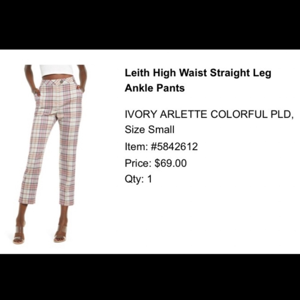Leith Anthropologie Ivory Arlette Colorful Plaid High Waist Straight Pants Small - Picture 9 of 9